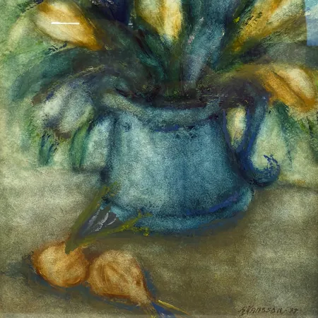 Tavla gouache av Alma Hansson, Krokus i kruka, träram med glas, rammått 38x49cm, signerad Skickas med postpaket.