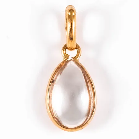 Hänge i 18K guld med droppformad vit sten. Det är 8,5 mm brett, 21 mm långt inkl. ögla och väger 1,0g. 