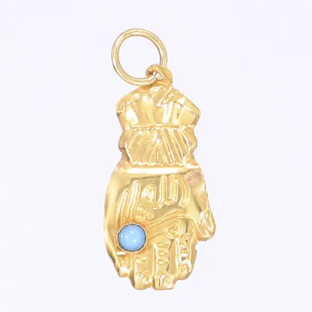 Hänge hand med turkos sten, längd inkl ögla 30mm, bredd 13mm, buckligt, 21K Vikt: 0,4 g