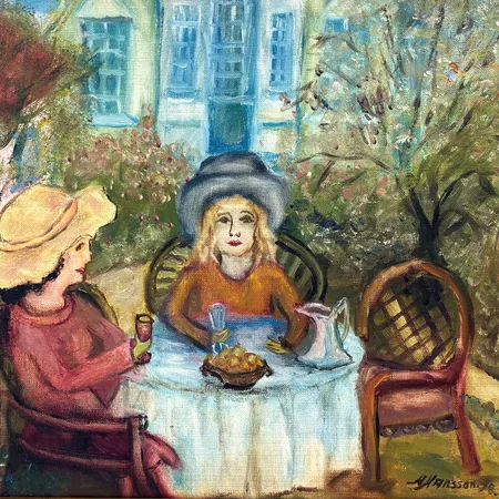 Olja på duk av Alma Hansson, Kvinnor i trädgård, rammått 44x37cm, signerad Skickas med paket.