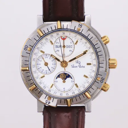 Herrur, Lucien Rochat, Royal Air Chronograph GMT Moonphase, day date, Ø42mm, ref nr 21100052, stål-guld, Modele depose, automatisk, kronograf, vit urtavla,  safirglas, trög vridring, slitna knappar, läderband ej original, inga tillbehör, bruksskick