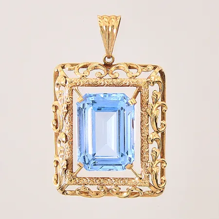 Hänge med blå syntetisk spinell, längd: 37mm, bredd: 24mm, 18K Vikt: 6,8 g