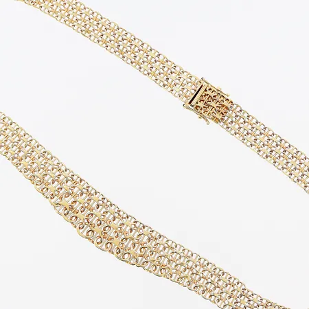 Collier, doserad X-länk med stav, 45,5cm, bredd 11-17mm, låstunga behöver justeras, 18K. Vikt: 38,4 g
