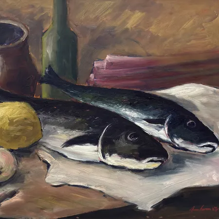 Olja på duk av okänd konstnär, fiskstilleben, rammått 57x38cm Skickas med paket.