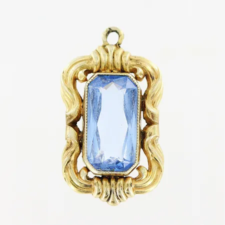 Hänge, blå sten, 30x17mm, ögla saknas, slitage på sten, gulmetall.