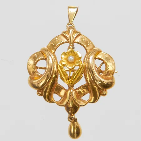 Hänge/Brosch,  odlad pärla, rörlig del, längd inkl ögla ca 47mm, bredd 30,2mm, Guldvaruaktiebolaget G. Dahlgren & Co, Malmö, år 1937, 18K Vikt: 3,9 g