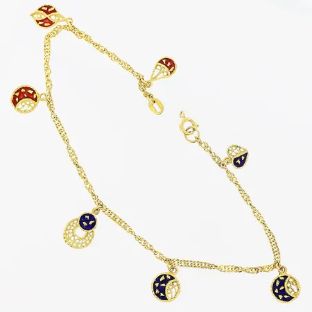 Vristlänk, Singapore, 7 berlocker emalj, ca 22cm, bredd 2mm, defekt lås, 21K.  Vikt: 5,7 g