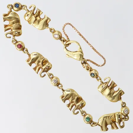 Armband med elefanter samt stenar, längd ca 17,5cm, bredd 5-8,5mm, säkerhetskedja, lås buckligt, 14K. Vikt: 13,6 g