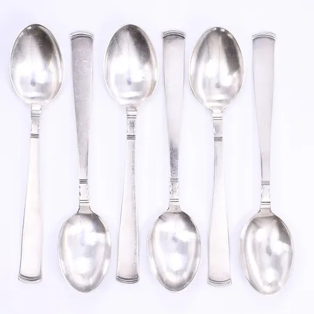 6 Dessertskedar, Rosenholm, design Jacob Ängman 1934 för GAB, dessa exemplar 1958-1973, längd 15cm, repor, silver 830/1000 Vikt: 162,7 g