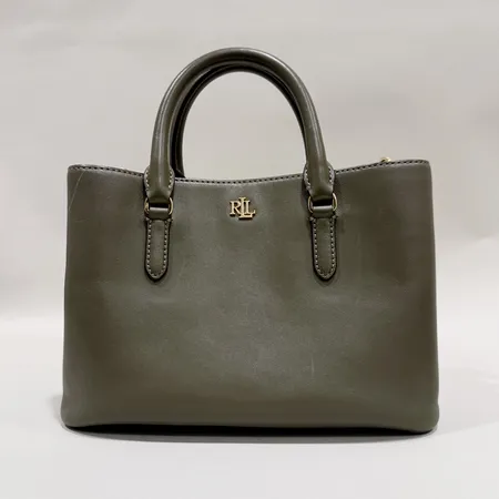Väska Lauren by Ralph Lauren Marcy, 26x18x13cm, olivgrön, avtagbar axelrem, guldfärgade beslag, smutsig insida, repor på läder, dustbag
