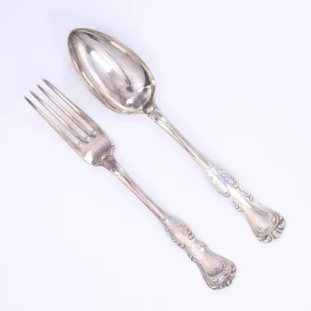 Bordsgaffel och bordssked, modell liknande Olga, GAB, Stockholm 1976, smärre slitage, längd 17,5-18,5cm, silver 830/1000 Vikt: 100,2 g