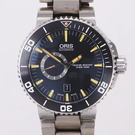 Herrur Oris Aquis Small Second Date, automatisk, titan, datum, ref-nr 7673, serie-nr 32-31445, stål länk repig, box med märken, manual, ytterkartong