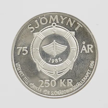 Mynt, SPORR, Räddningskryssaren, Olof Wallenius, Sjömynt, 75 år, 250kr, etui, 925/1000 silver Vikt: 20,3 g