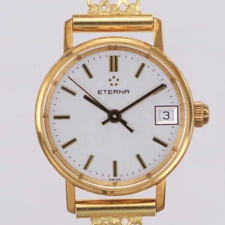 Damur Eterna 18K, Ø21,7mm, quartz, datum, går ej, gravyr, x-länk, totallängd 18,5cm, 18K. Bruttovikt 17,8g