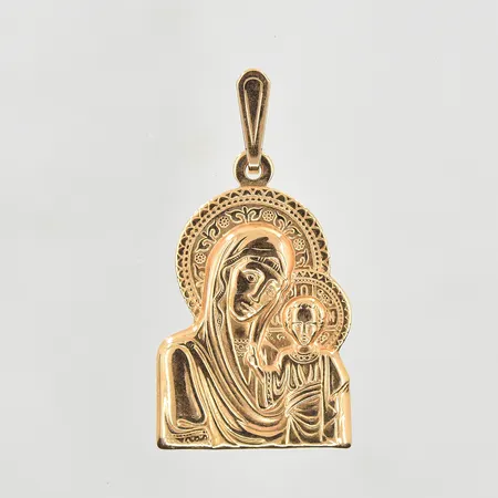 Hänge med religiöst motiv, längd 33 mm, bredd 17 mm, 14K. Vikt: 2,6 g