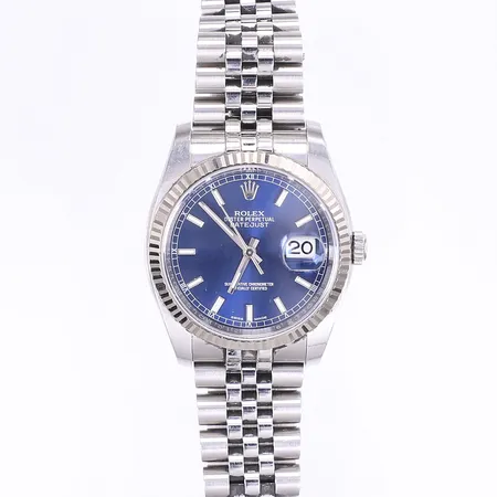 Herrur Rolex Oyster Perpetual Datejust, Ø36mm, automatisk, ref-nr:116234, serie-nr: 914HZ310, verk-nr: 2852Y096, kaliber: 3135, stål, vitguldsring, marinblå urtavla, super jubileelänk, manual, box, repig, certifikat 2018 Vikt: 0 g