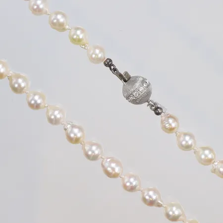 Pärlcollier med odlade saltvattenpärlor, troligen Akoya Ø6,5-7mm, längd 45cm, lås i silver med vita stenar 925/1000 Vikt: 26 g