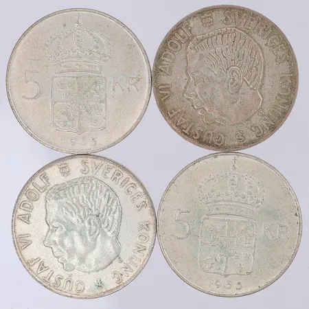 4 Mynt Gustaf VI Adolf, 5 kr, Ø34mm, år 1954-55, 400/1000 silver Vikt: 71,6 g