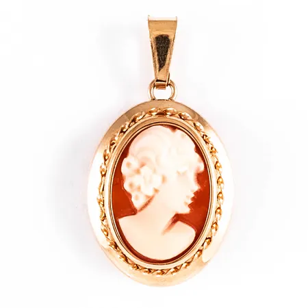 Hänge Camé i 18K guld. Det är 14 mm brett, 25,5 mm långt inkl. ögla och väger 1,4g.