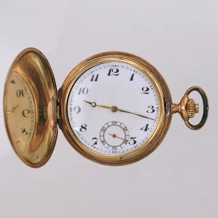 Savonett, Ø90,7mm, #25078 540, innerboett i metall, löst glas, defekt boett, bucklor, 14K, läderfodral. Bruttovikt 76,8g.