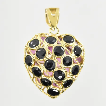Hänge hjärta med mörkblå stenar och lila stenar, längd 20 mm, bredd 13 mm, 18K. Vikt: 1,5 g