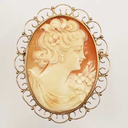 Hänge/ brosch camé, ca 65mm inklusive ögla, bredd 50mm, ostämplat, bucklig nål, 18K Vikt: 18,6 g