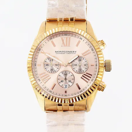 Armbandsur Montgomery, roséfärgat stål, quartz, Ø40mm, dag datum, sekundvisare, i behov av batteribyte, länk 22cm, nyskick, bok, box.