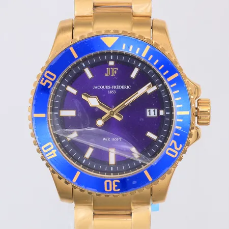 Herrur Jacques Frédéric Nautique datum quartz Ø42mm, guld på stål, viklås ca 22cm, fint skick i tygetui, plasten kvar överallt