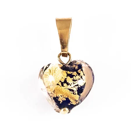 Hänge Hjärta i blått och guldfärgat muranoglas. Spetsögla i 18K guld. Det är 10 mm brett, 17,5 mm långt inkl .ögla och väger 1,2g. GHA (Guldfynd), 750.
