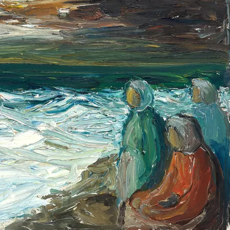 Olja på duk av Einar Emland, Kvinnor vid hav, bildmått 46x37,5cm, rammått 49x40,5cm, signerad Skickas med paket.