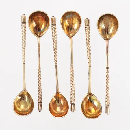 Sex Kaffeskedar, 10,5cm, Finska kontrollstämplar, sliten förgyllning, silver 813/1000 Vikt: 74,1 g