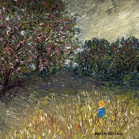 Tavla, olja på duk, Karin Olsson, Efter regn, mått inklusive ram 27x27cm, smärre stötskador på ram, signerad Skickas med postpaket.