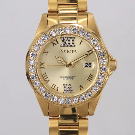 Armbandsur Invicta, Japan, Ø38mm, modell 15252, kvarts, mineralglas, datum, guldfärgat rostfritt stål, med vita stenar, kort armband, manual, tag, box Skickas med paket.