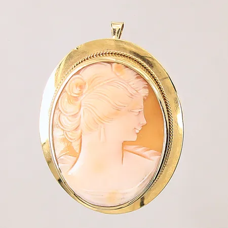 Hänge med camé, 52x38mm, camé med missfärgning, guld med mindre bucklor, 18K Vikt: 11,3 g