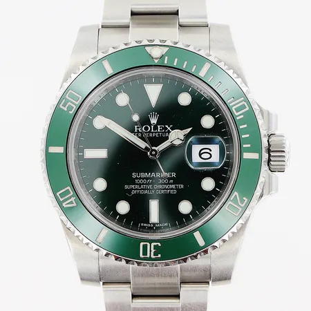 Herrur Rolex Submariner, stål, automatisk, Ø40mm, ref nr 116610 (Hulk), serie nr V1653730, caliber 3135, verk nr L98037U0, boett nr 2360, Oysterlänk 18cm, viklås, tygfodral, inga övriga tillbehör.