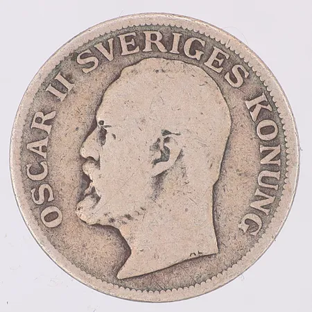 Mynt Oscar II, Sveriges konung, Ø 25mm, år 1907, 1 kr, slitet, 800/1000 silver Vikt: 7,2 g