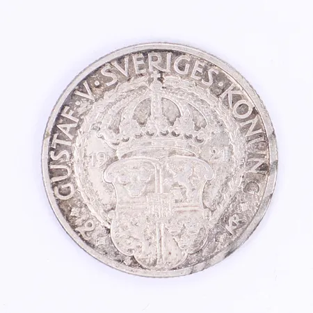 Silvermynt 2kr Gustaf V 1921, 400 års minne av Gustaf Vasas befrielseverk, silver 800/1000 Vikt: 14,9 g