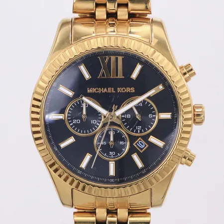 Herrur, Michael Kors, 45mm, guldfärgat stål, quartz, refnr MK8286, boettnr 251706, kronograf, datum (återställer ej korrekt), repor på glas, inga tillbehör