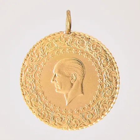 Hänge, mynt Attaturk, Ø21,5mm, ögla ej i guld, 21,6K Vikt: 3,6 g