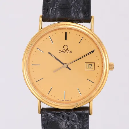 Herrur Omega med datum, 18K Ø32,5mm, quartz, står still, läder Vikt: 0 g