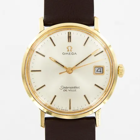 Herrur Omega Seamaster De Ville automatisk Ø34mm, guld på stål med läderband, repigt plastglas