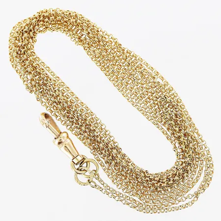 Fickurskedja, dubbel Ärtlänk, 83,5cm, karbinhake, smärre skevheter, 18K. Vikt: 13,4 g