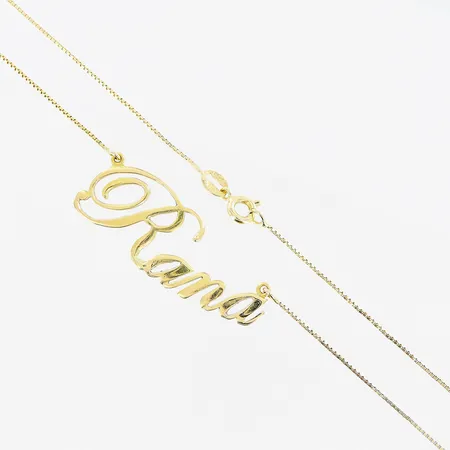 Collier, Venezia, namn, 47cm, bredd 1-16mm, skevheter, synliga lagningar, 18K. Vikt: 6,3 g