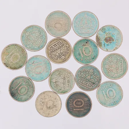 15 Mynt 10 öre, år 1953-60, Ø15mm, 400/1000 silver Vikt: 21,7 g