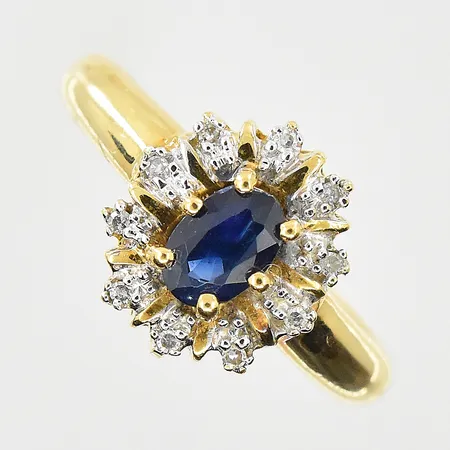 Carmoséring med diamanter 0,05ctv och blå Safir, Guldfynd, stl 17, bredd 3-11 mm, 18K. Vikt: 4,5 g