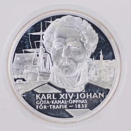 Minnesmynt, Kungariket Sverige, Ø35mm, Karl XIV Johan, Göta Kanal öppnas för trafik 1832, 925/1000 silver, plastetui Vikt: 27,2 g