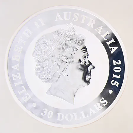 Silvermynt Elizabeth II Australia, 30 dollars, Ø100mm, Australian Kookburra, år 2015, plastetui, Silver 999/1000 Vikt: 1001,2 g