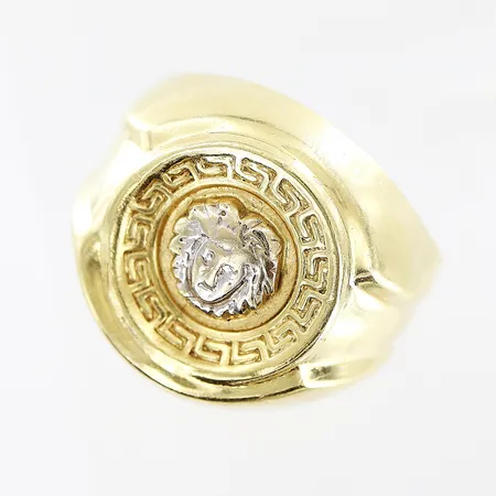 Klackring, Medusa, stl 19, bredd 5-18mm, ihålig, vit/gulguld, något skev skena, 14K.  Vikt: 4,6 g