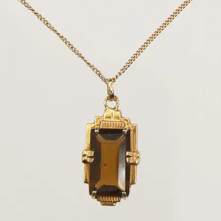 Kedja Pansar, integrerat hänge med gulbrun sten, kedja ca 45cm, hängets mått ca 24x12mm, skador, nagg på stenen, 18K Vikt: 3,5 g