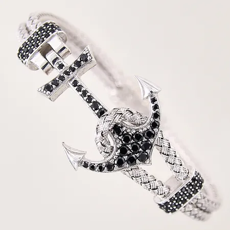 Armband dekor av Ankar med svarta stenar halvstel, längd: ca 20cm, bredd: 6,8-26,4mm, silver 925/1000 Vikt: 24,4 g